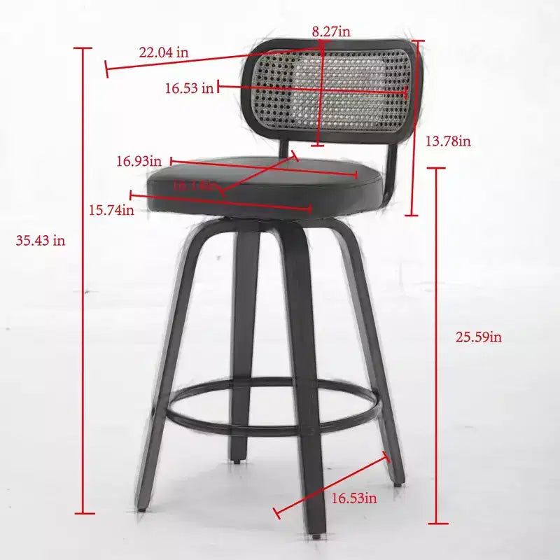 Set of 2 Counter Height Bar Stools - 26 Rattan Counter Height Stools With Cane Back and Upholstered Seat