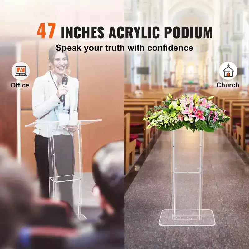 Acrylic Podium, 47 Clear Acrylic Podium Stand with Wide Reading Surface & Storage Shelf, Floor-standing Clear Pulpits Acrylic, Clear