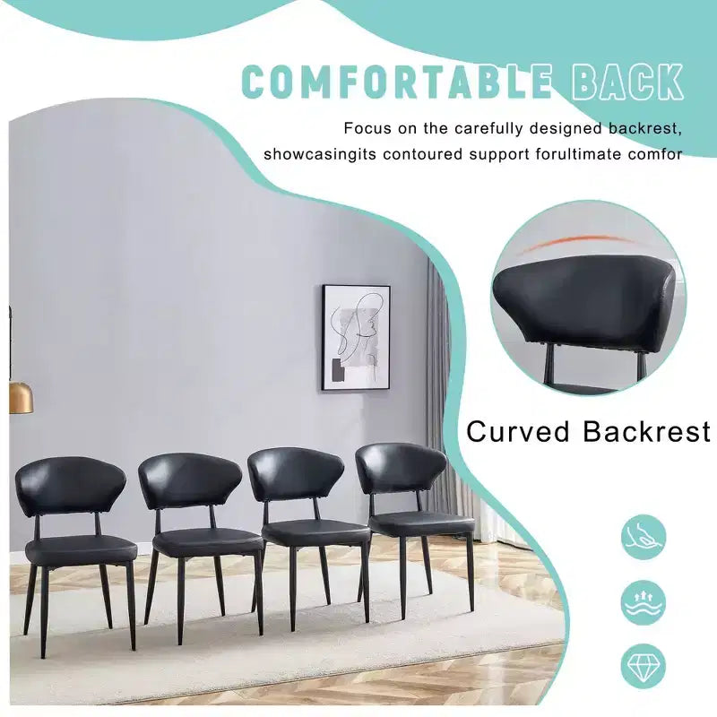 Set of 4 Black Minimalist Ergonomic Dining Chairs Curved Backrest Comfortable Seating