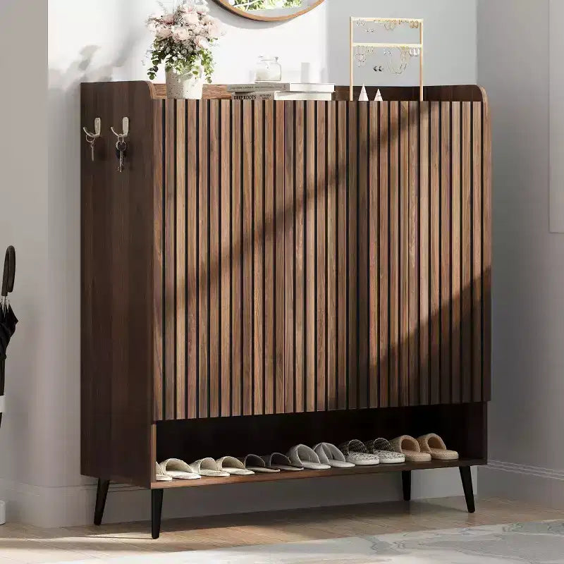 Large Shoe Cabinet with 3 Doors, 6-Tier Adjustable Shelves, Freestanding Entryway Shoe Organizer with Hooks, Brown