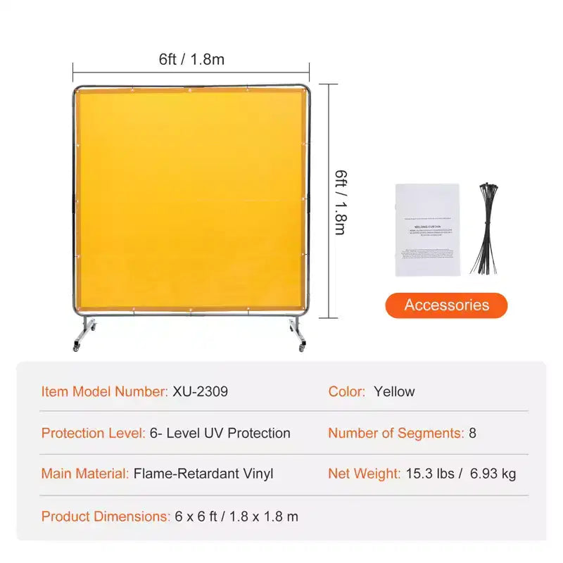 Welding Screen with Frame, 6' x 6' Welding Curtain Screen, Flame-Resistant Vinyl Welding Protection Screen on 4 Swivel Wheel, Yellow