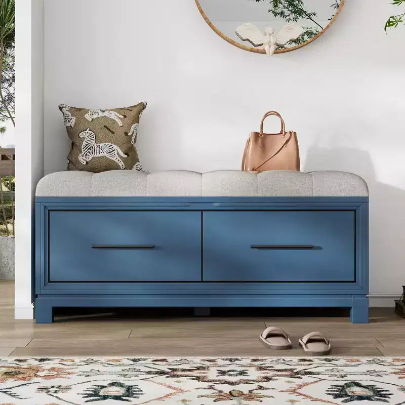 Shoe Bench with Removable Cushion, Entryway Bench with Hidden Storage for Living Room, Entryway and Hallways, Navy