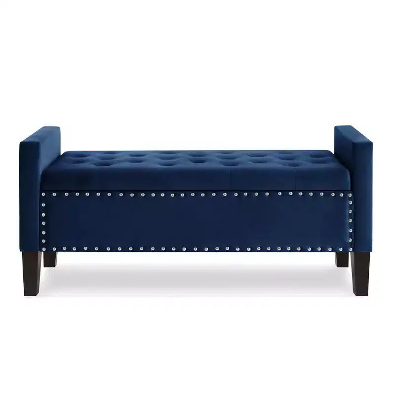 Upholstered Tufted Button Storage Bench with Nails Trim,Entryway Living Room Soft Padded Seat with Armrest, Navy