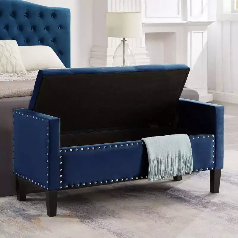 Upholstered Tufted Button Storage Bench with Nails Trim,Entryway Living Room Soft Padded Seat with Armrest, Navy