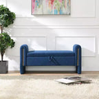 TUYOHW Modern Bed End Bench with Arms and Storage, Upholstered Large Foot Rest Stool, Comfy Window Vanity Bench for Living Room, Navy Blue
