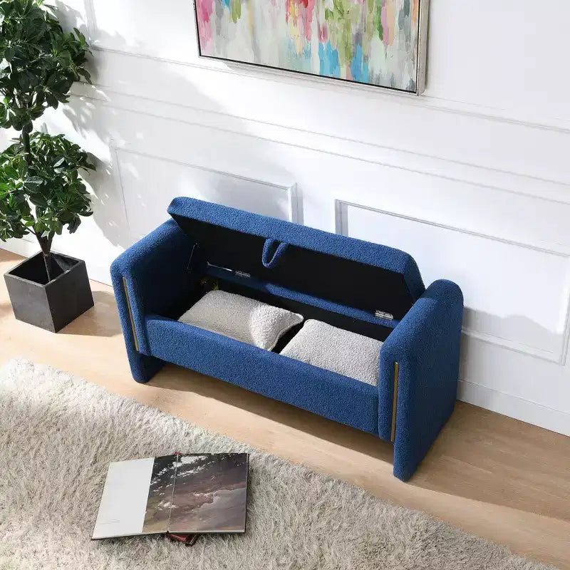Modern Bed End Bench with Arms and Storage, Upholstered Large Foot Rest Stool, Comfy Window Vanity Bench for Living Room, Navy Blue