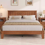 Wooden Platform Bed Frame with Headboard, Full Size Mattress Foundation with Wooden Slat Support, No Box Spring Needed, Easy Assembly, Light Brown