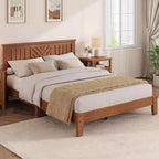 Struttura Letto in Legno con Testiera, Base per Materasso Matrimoniale con Doghe in Legno, Nessuna Rete a Molle Necessaria, Facile Montaggio, Marrone Chiaro