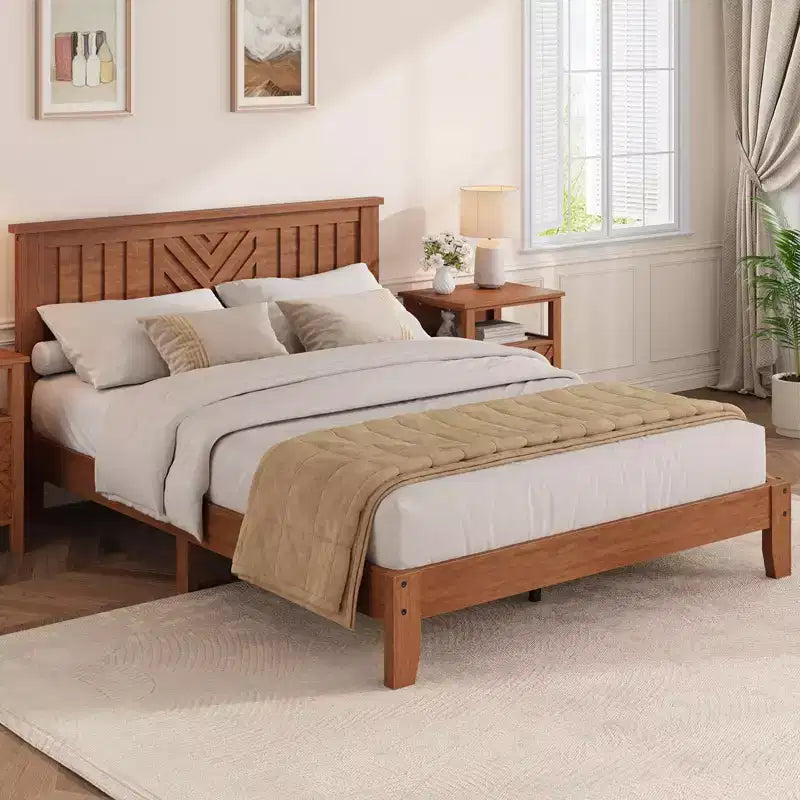 Wooden Platform Bed Frame with Headboard, Full Size Mattress Foundation with Wooden Slat Support, No Box Spring Needed, Easy Assembly, Light Brown