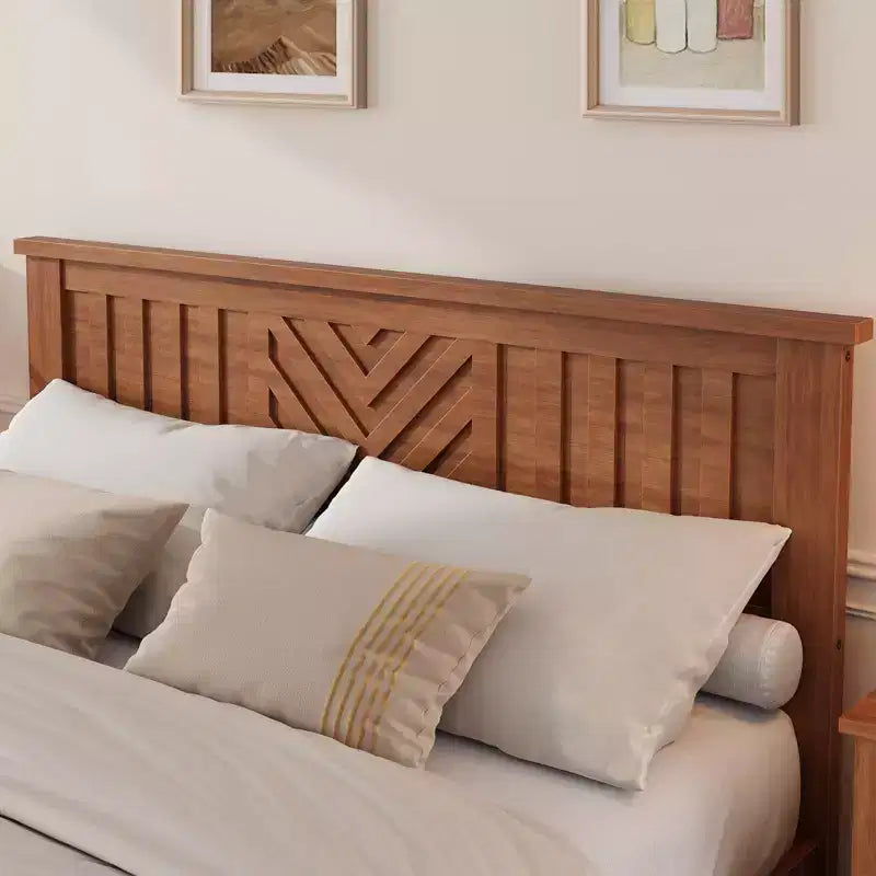 Wooden Platform Bed Frame with Headboard, Full Size Mattress Foundation with Wooden Slat Support, No Box Spring Needed, Easy Assembly, Light Brown