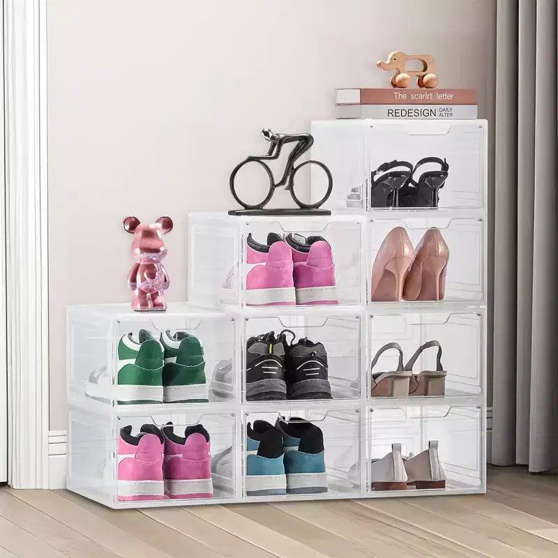 Shoe Storage Boxes, 9 Pack Clear Stackable Shoe Boxes Storage Organizers with Magnetic Door, Fit up to US Size 13, Transparent White