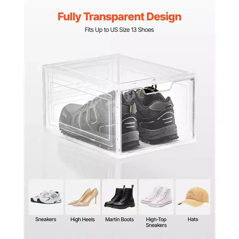Shoe Storage Boxes, 9 Pack Clear Stackable Shoe Boxes Storage Organizers with Magnetic Door, Fit up to US Size 13, Transparent White