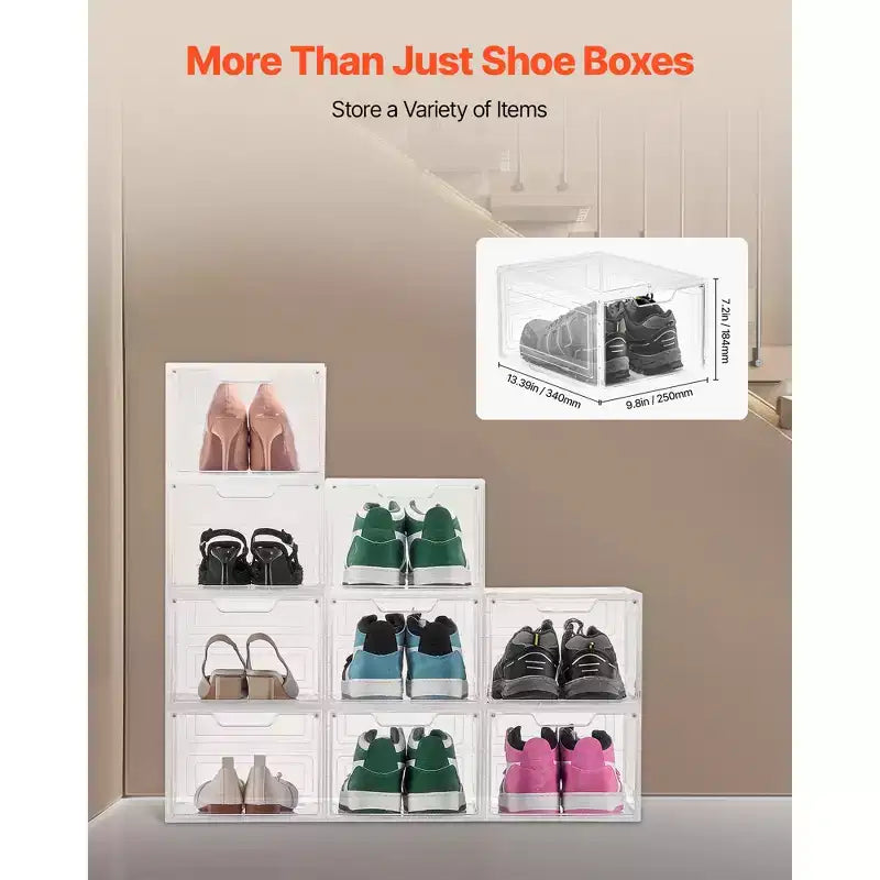 Shoe Storage Boxes, 9 Pack Clear Stackable Shoe Boxes Storage Organizers with Magnetic Door, Fit up to US Size 13, Transparent White