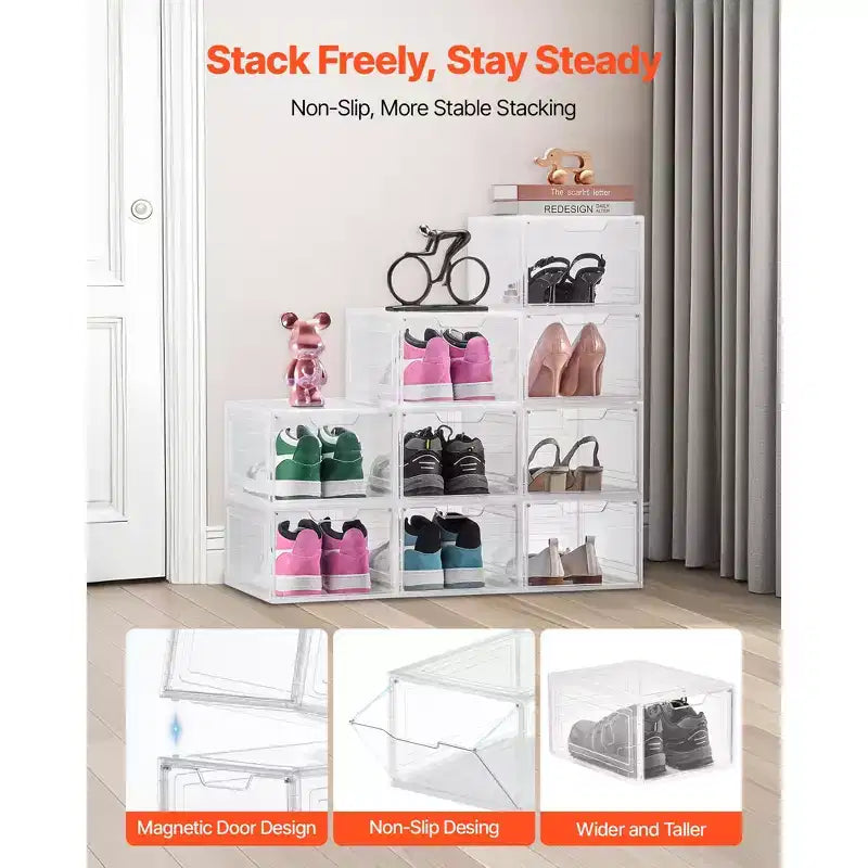 Shoe Storage Boxes, 9 Pack Clear Stackable Shoe Boxes Storage Organizers with Magnetic Door, Fit up to US Size 13, Transparent White
