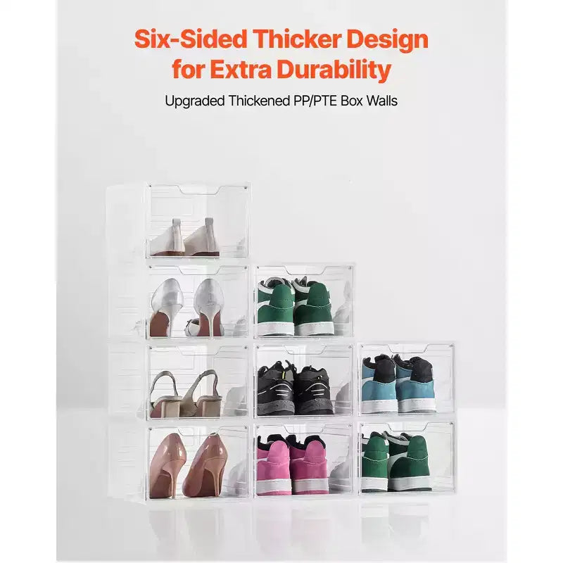 Shoe Storage Boxes, 9 Pack Clear Stackable Shoe Boxes Storage Organizers with Magnetic Door, Fit up to US Size 13, Transparent White