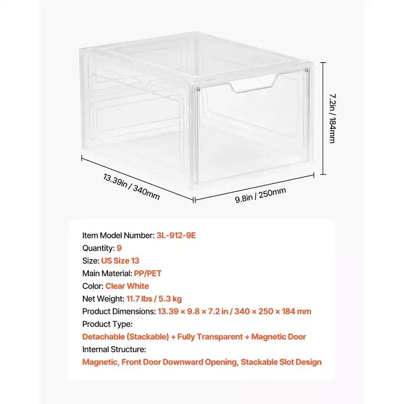Shoe Storage Boxes, 9 Pack Clear Stackable Shoe Boxes Storage Organizers with Magnetic Door, Fit up to US Size 13, Transparent White