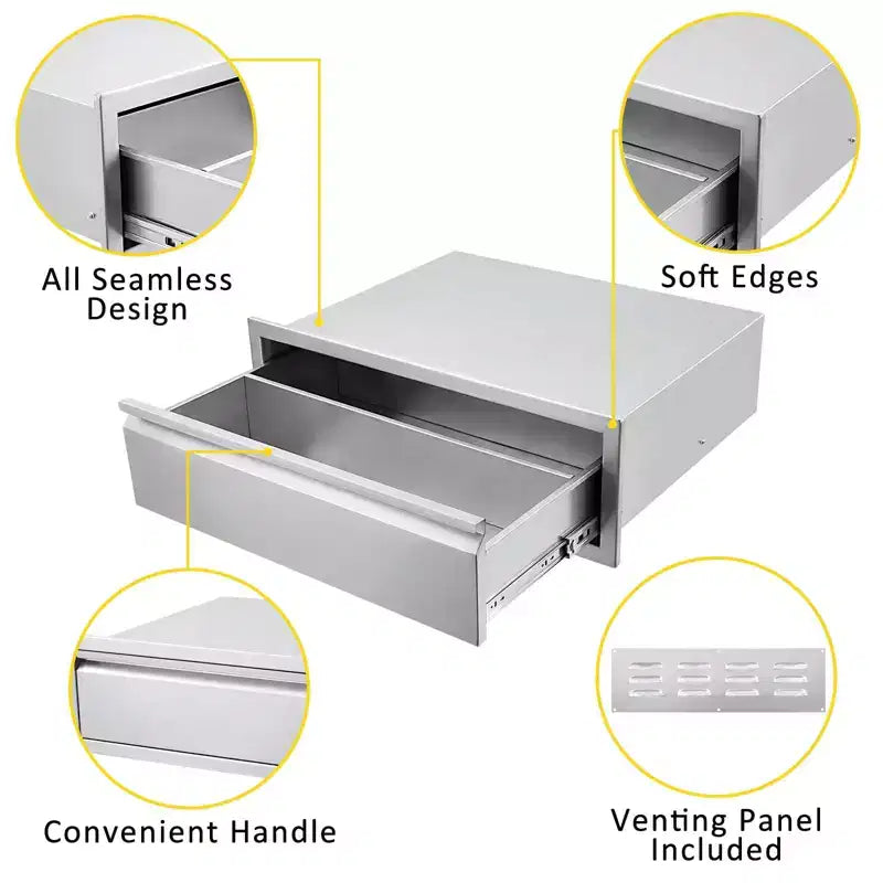 Outdoor Kitchen Drawers, Stainless Steel BBQ Drawer with Divider - Built-in Flush Mount for BBQ Islands
