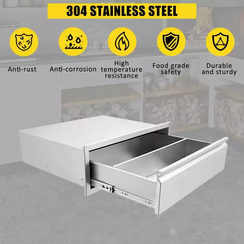 Outdoor Kitchen Drawers, Stainless Steel BBQ Drawer with Divider - Built-in Flush Mount for BBQ Islands