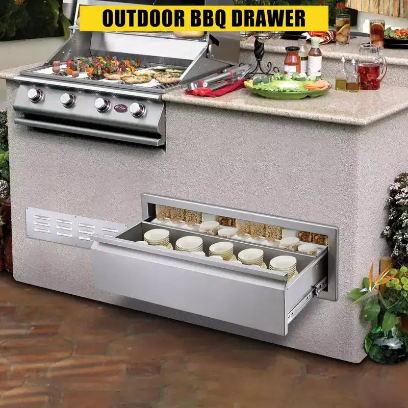 Outdoor Kitchen Drawers, Stainless Steel BBQ Drawer with Divider - Built-in Flush Mount for BBQ Islands