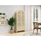 Mobile dispensa da cucina ad arco, mobile alto con 2 cassetti e anta in rattan, credenza versatile per soggiorno e sala da pranzo, naturale