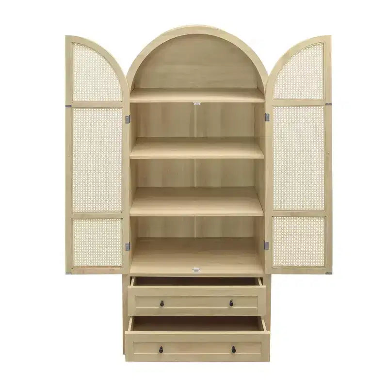 Arched Kitchen Pantry Cabinet, Tall Cabinet with 2 Drawer & Rattan Door, Versatile Cupboard for Living Room Dining Room, Natural