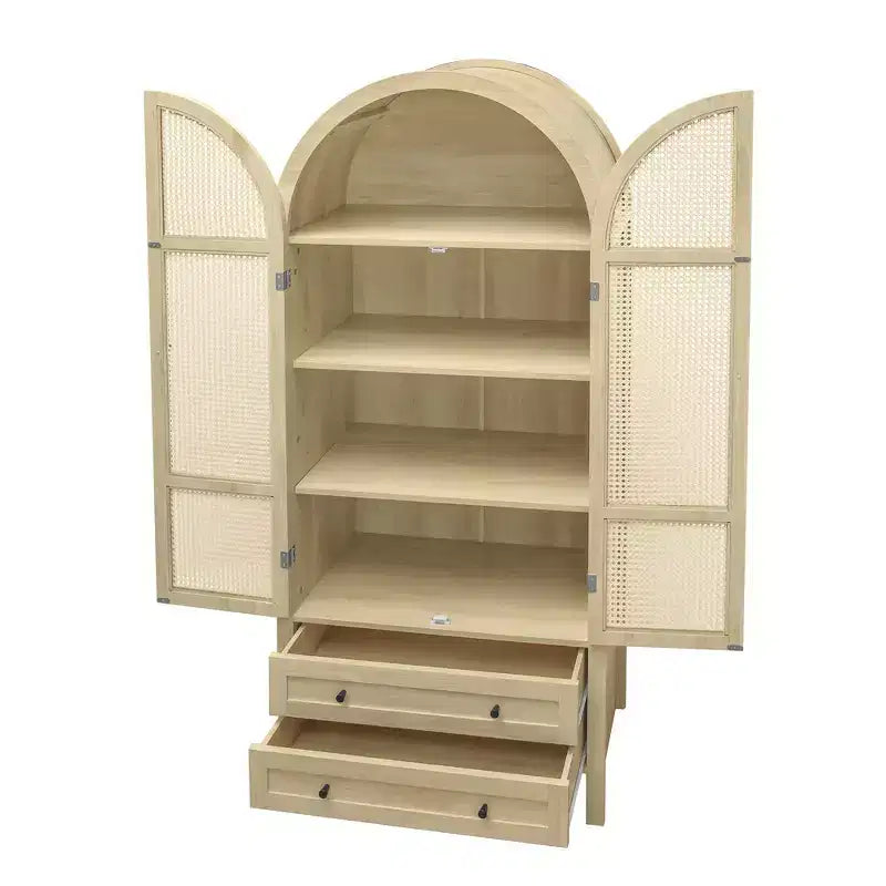 Arched Kitchen Pantry Cabinet, Tall Cabinet with 2 Drawer & Rattan Door, Versatile Cupboard for Living Room Dining Room, Natural