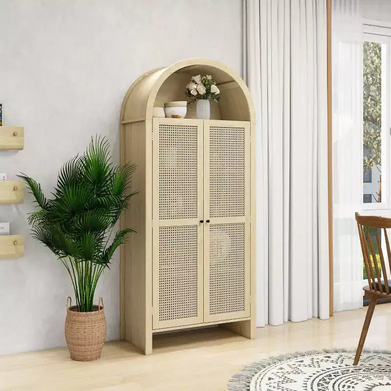 Arched Kitchen Pantry Cabinet, Tall Cabinet with 2 Drawer & Rattan Door, Versatile Cupboard for Living Room Dining Room, Natural