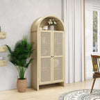 Mobile dispensa da cucina ad arco, mobile alto con 2 cassetti e anta in rattan, credenza versatile per soggiorno e sala da pranzo, naturale