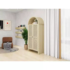 Mobile dispensa da cucina ad arco, mobile alto con 2 cassetti e anta in rattan, credenza versatile per soggiorno e sala da pranzo, naturale