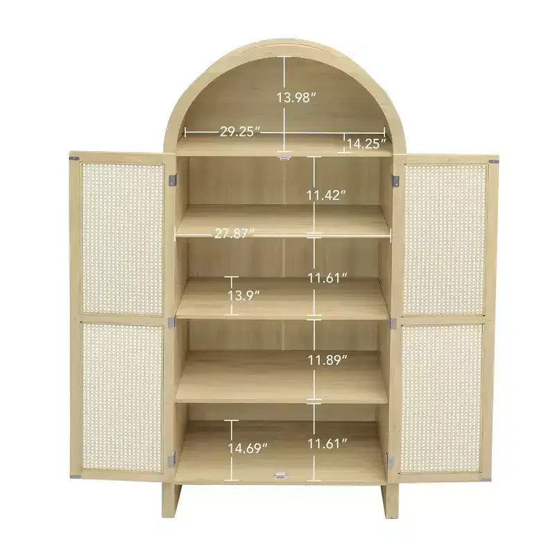 Arched Kitchen Pantry Cabinet, Tall Cabinet with 2 Drawer & Rattan Door, Versatile Cupboard for Living Room Dining Room, Natural