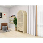 Mobile dispensa da cucina ad arco, mobile alto con 2 cassetti e anta in rattan, credenza versatile per soggiorno e sala da pranzo, naturale
