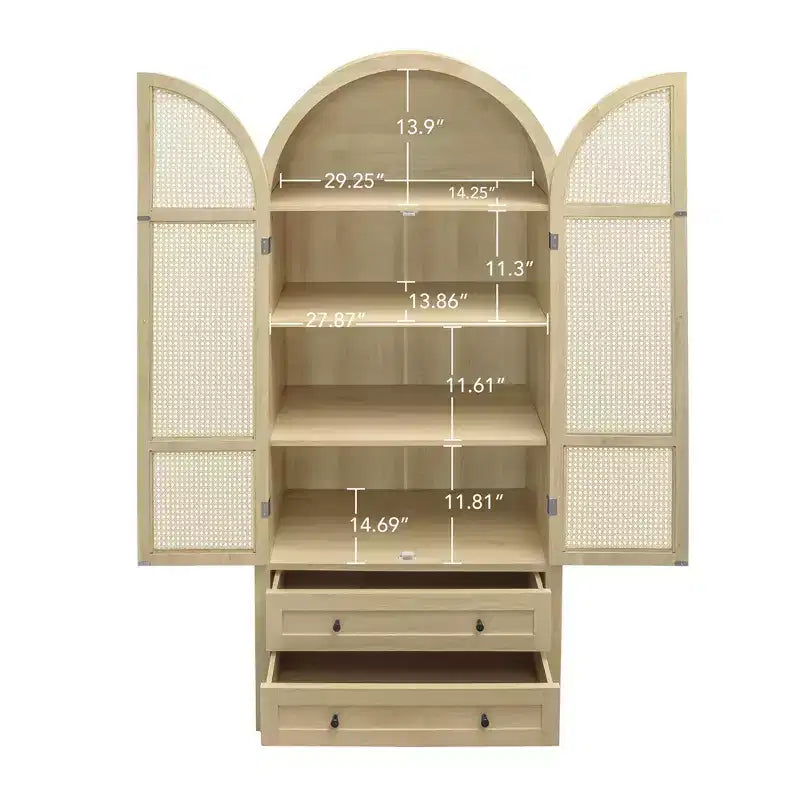 Arched Kitchen Pantry Cabinet, Tall Cabinet with 2 Drawer & Rattan Door, Versatile Cupboard for Living Room Dining Room, Natural