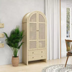 Mobile dispensa da cucina ad arco, mobile alto con 2 cassetti e anta in rattan, credenza versatile per soggiorno e sala da pranzo, naturale