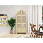 Mobile dispensa da cucina ad arco, mobile alto con 2 cassetti e anta in rattan, credenza versatile per soggiorno e sala da pranzo, naturale