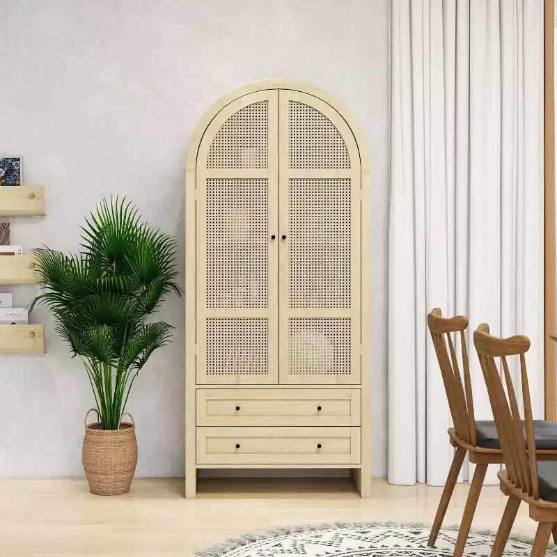 Okak Arched Kitchen Pantry Cabinet, Tall Cabinet with 2 Drawer & Rattan Door, Versatile Cupboard for Living Room Dining Room, Natural