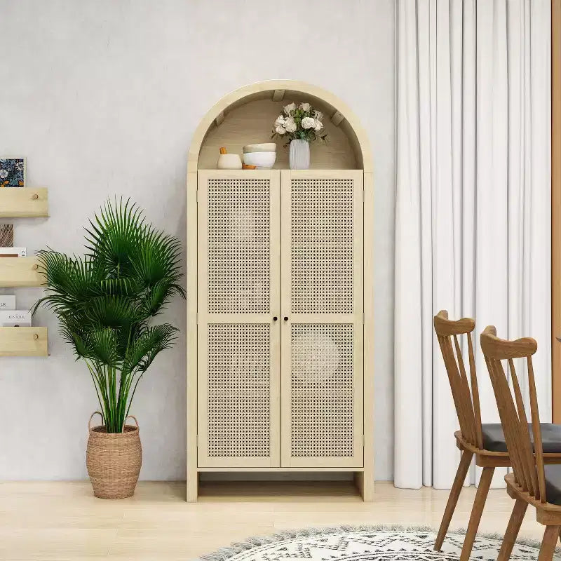 Mobile dispensa da cucina ad arco, mobile alto con 2 cassetti e anta in rattan, credenza versatile per soggiorno e sala da pranzo, naturale