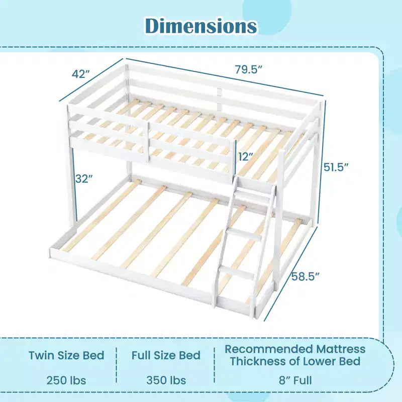Twin Over Full Bunk Bed with Integrated Ladder & Safety Guardrails Solid Wood Gray/White
