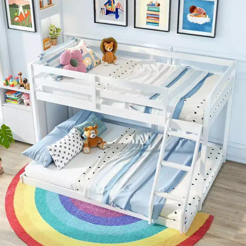 Twin Over Full Bunk Bed with Integrated Ladder & Safety Guardrails Solid Wood Gray/White