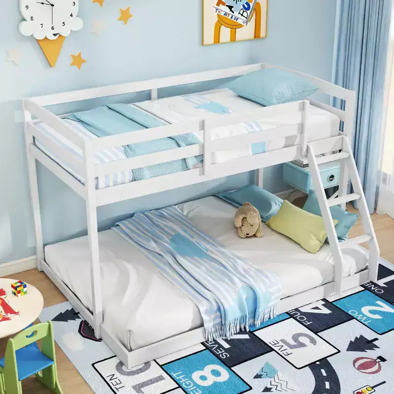 Twin Over Full Bunk Bed with Integrated Ladder & Safety Guardrails Solid Wood Gray/White