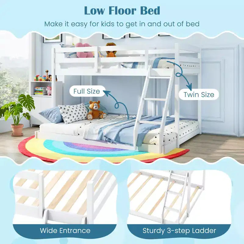Twin Over Full Bunk Bed with Integrated Ladder & Safety Guardrails Solid Wood Gray/White