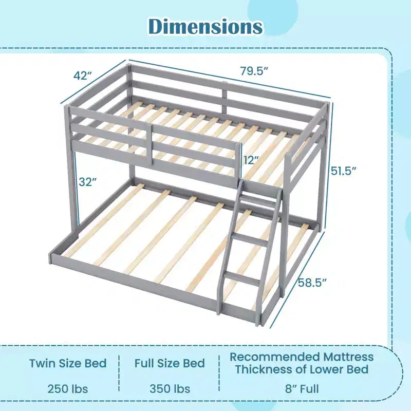 Twin Over Full Bunk Bed with Integrated Ladder & Safety Guardrails Solid Wood Gray/White