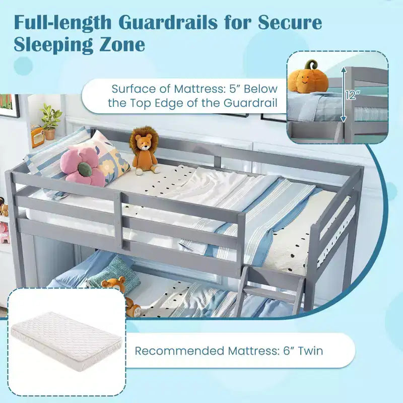 Twin Over Full Bunk Bed with Integrated Ladder & Safety Guardrails Solid Wood Gray/White