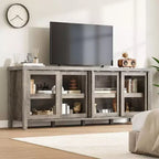 Supporto per TV da 65 pollici, mobile TV in stile centro di intrattenimento con mobile contenitore e 4 ante scorrevoli in vetro, consolle TV moderna per soggiorno, camera da letto