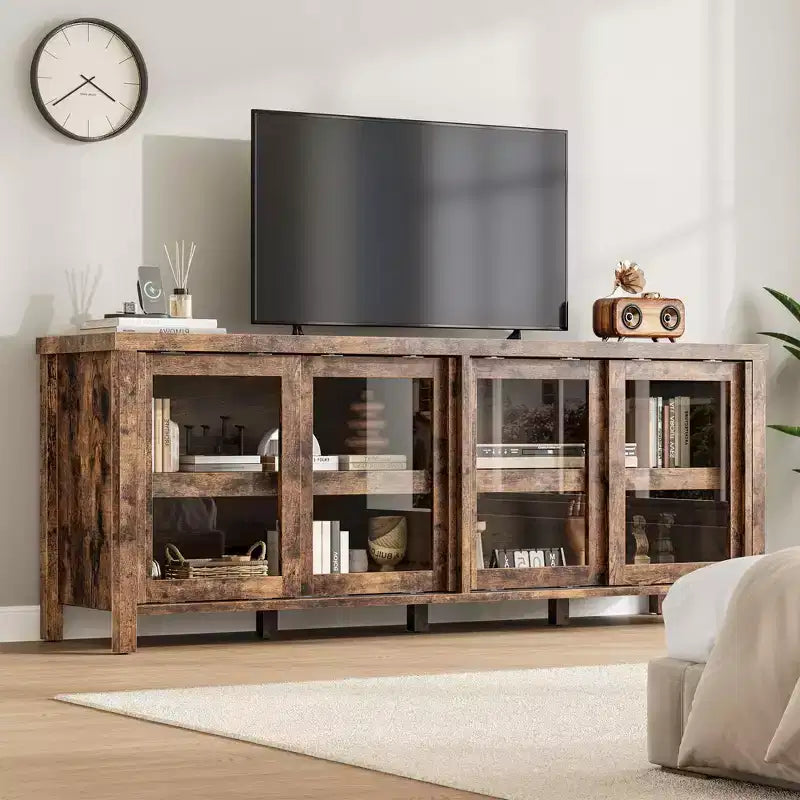 Supporto per TV da 65 pollici, mobile TV in stile centro di intrattenimento con mobile contenitore e 4 ante scorrevoli in vetro, consolle TV moderna per soggiorno, camera da letto