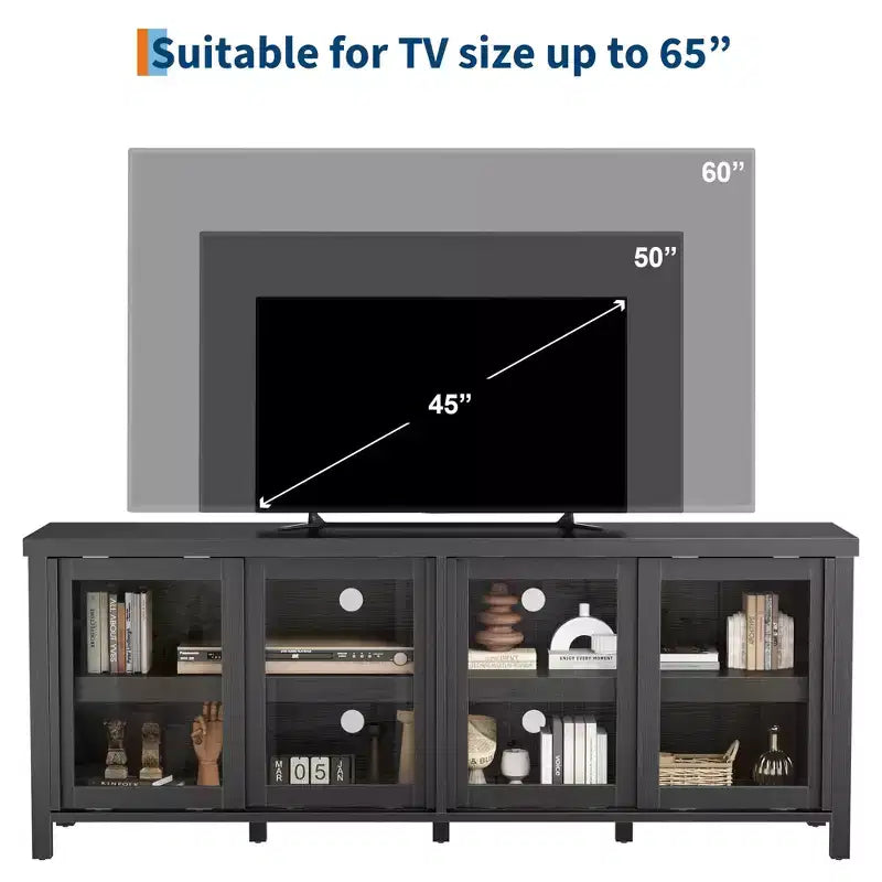 Supporto per TV da 65 pollici, mobile TV in stile centro di intrattenimento con mobile contenitore e 4 ante scorrevoli in vetro, consolle TV moderna per soggiorno, camera da letto
