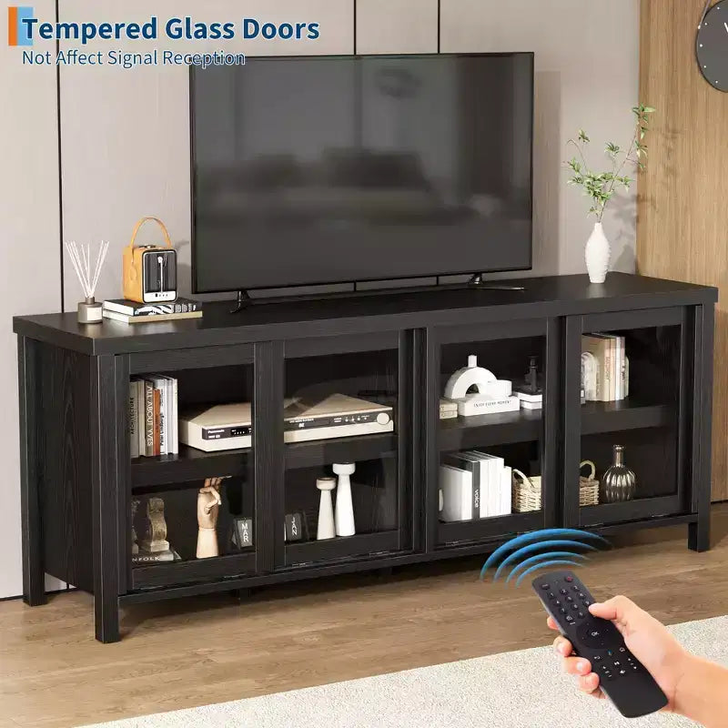 Supporto per TV da 65 pollici, mobile TV in stile centro di intrattenimento con mobile contenitore e 4 ante scorrevoli in vetro, consolle TV moderna per soggiorno, camera da letto