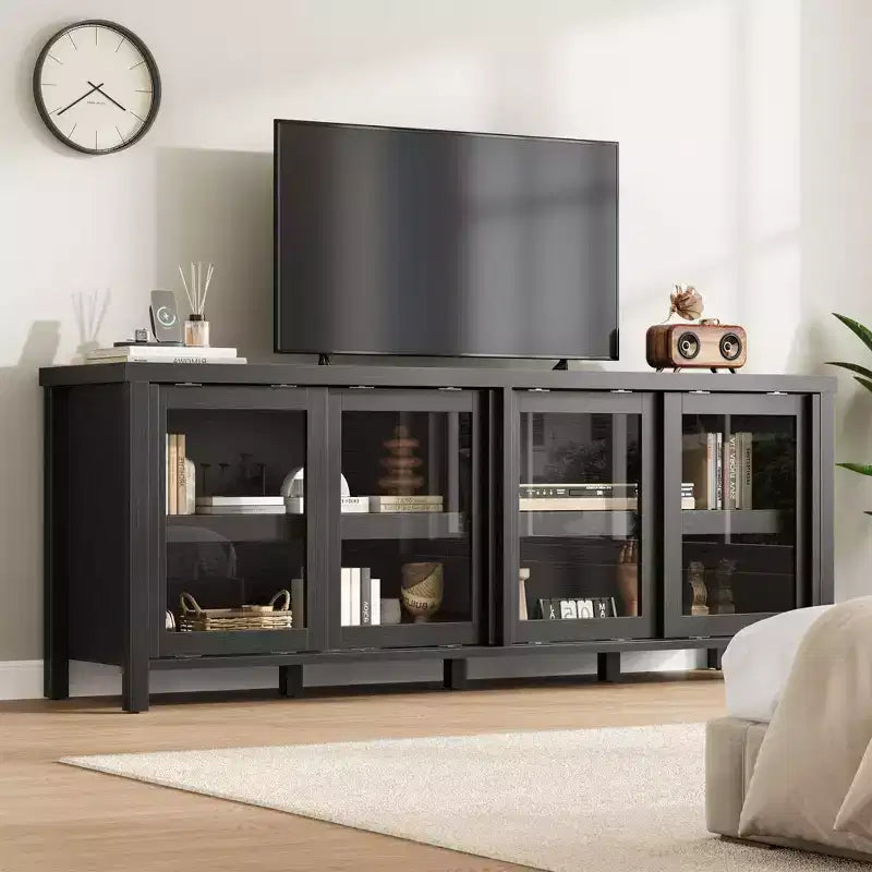 Supporto per TV da 65 pollici, mobile TV in stile centro di intrattenimento con mobile contenitore e 4 ante scorrevoli in vetro, consolle TV moderna per soggiorno, camera da letto