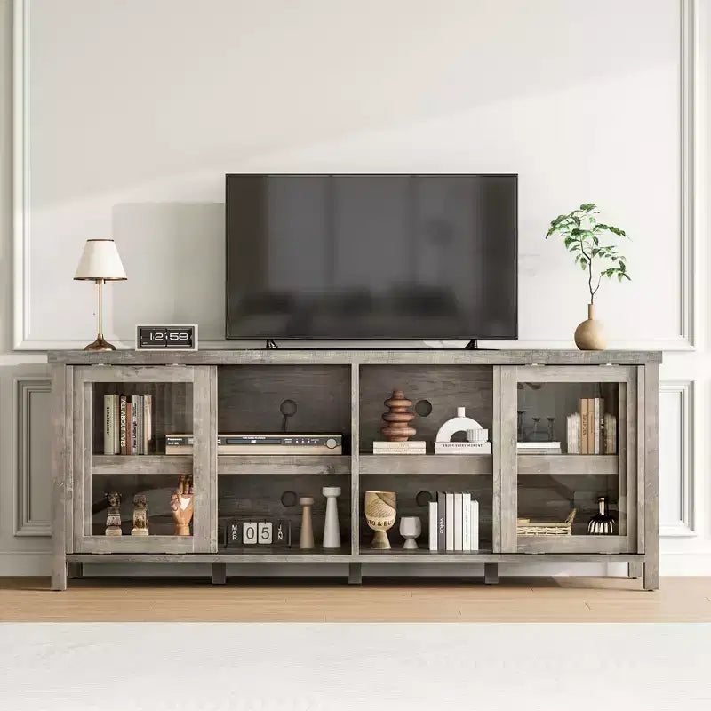 Supporto per TV da 65 pollici, mobile TV in stile centro di intrattenimento con mobile contenitore e 4 ante scorrevoli in vetro, consolle TV moderna per soggiorno, camera da letto