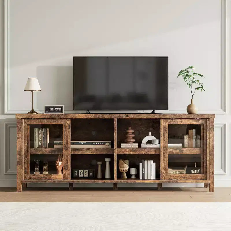 Supporto per TV da 65 pollici, mobile TV in stile centro di intrattenimento con mobile contenitore e 4 ante scorrevoli in vetro, consolle TV moderna per soggiorno, camera da letto