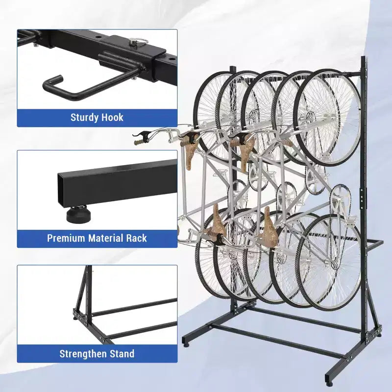 Bike Rack, Freestanding Vertical Storage for 5 Bicycles - 300 Lbs Capacity Adjustable Height Indoor Rack, Black